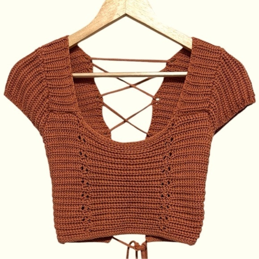Beige by eci Rust Brown Crochet Crop Top with Lace-Up Back